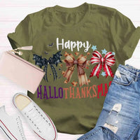 Halloween Thanksgiving Christmas Shirt, Happy Hallothanksmas Bow T-Shirt, Humorous Fall Holiday Mashup Graphic Tee, Autumn Coquette Top