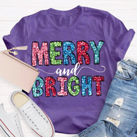 Colorful Festive Christmas Shirt, Merry and Bright Christmas T-Shirt, Retro Holiday Typography Graphic Tee, Adorable Christmas Tee
