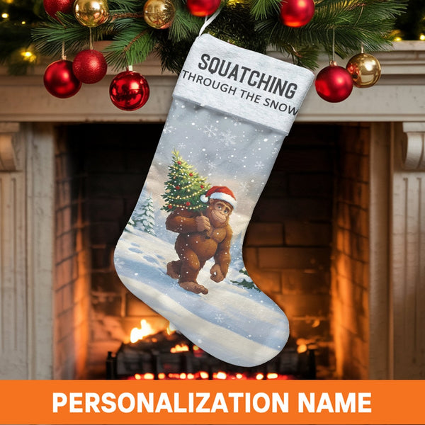 Humorous Bigfoot Holiday Stocking, Squatching Through the Snow Christmas Stocking, Personalized Sasquatch Xmas Stocking, Wint
