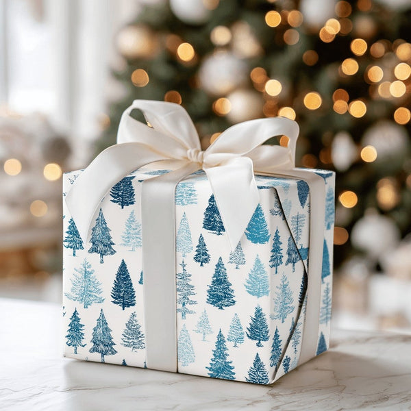 Winter Forest Holiday Gift Wrap, Blue Pine Tree Christmas Wrapping Paper, Botanical Evergreen Wrapping Paper Roll, Rustic Pre