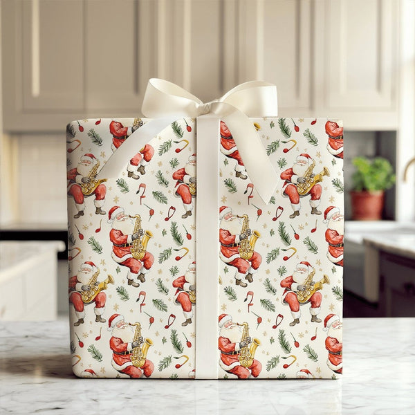 Jazz Santa Gift Wrap, Santa Playing Saxophone Wrapping Paper, Watercolor Christmas Wrapping Paper, Musical Holiday Present Wr
