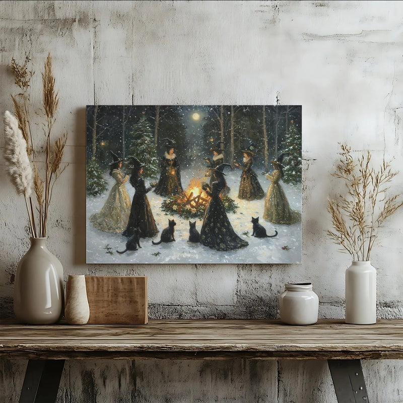 Snowy Forest Bonfire Canvas Art, Witches Coven Yule Canvas Print, Gothic Witchy Wall Art, Pagan Winter Canvas Decor, Witchy Christmas Present