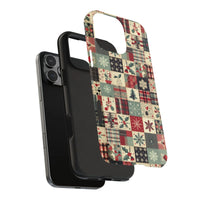 Holiday Plaid Snowflake iPhone Case, Christmas Patchwork Phone Case, Festive Holly Berry Phone Cover, Vintage Quilt Pattern Holiday Case