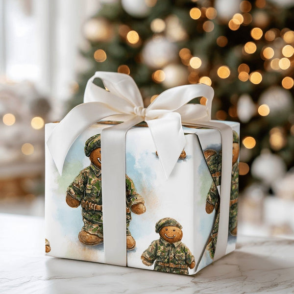 Camouflage Soldier Gift Wrap, Military Gingerbread Man Wrapping Paper, Patriotic Christmas Wrapping Paper, Veteran Holiday Gi