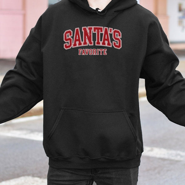 Varsity Lettering Holiday Hoodie, Santa's Favorite Christmas Hoodie, Comfy Winter Graphic Sweatshirt, Santa Claus Pullover Ho