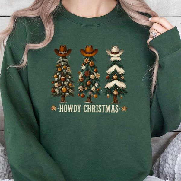 Western Cowboy Hat Tree Crewneck, Howdy Christmas Sweatshirt, Country Holiday Graphic Pullover, Humorous Southern Xmas Sweate