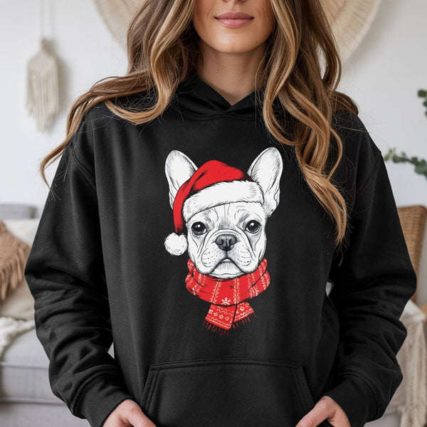 Adorable Santa Hat Frenchie Hoodie, French Bulldog Christmas Hoodie, Humorous Holiday Dog Sweatshirt, Winter Xmas Hooded Pull