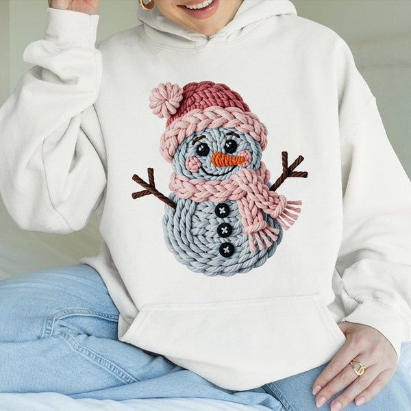Crochet Faux Yarn Graphic Hooded Sweatshirt, Christmas Snowman Hoodie, Adorable Winter Snowman Hoodie, Comfy Holiday Season P