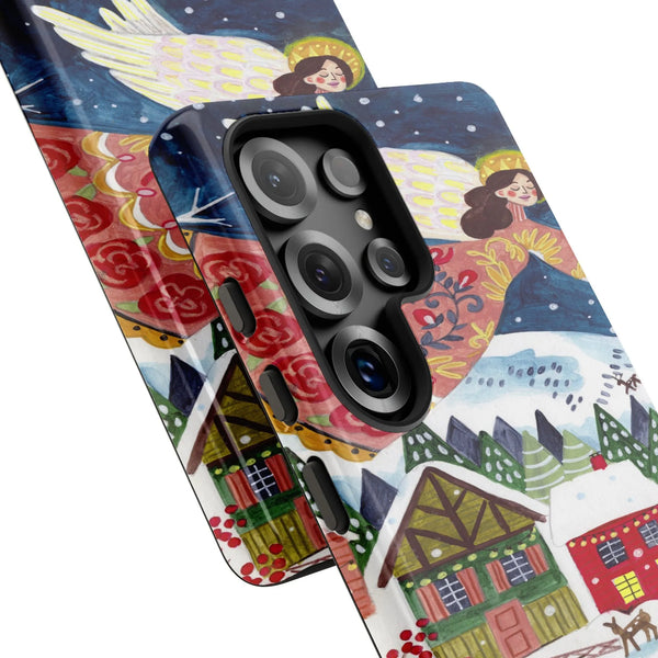 Christmas Folk Art Snow Tough Phone Case, Winter Village Angel Samsung Galaxy Case, Nostalgic Holiday Season Tech Present Cov