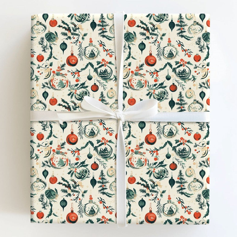 Retro Holly Snow Globe Gift Wrap, Vintage Christmas Ornament Wrapping Paper, Nostalgic Holiday Wrapping Paper, Winter Present Gift Wrap