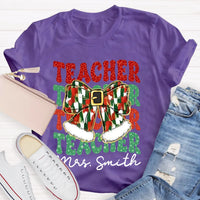 Custom Name Holiday Educator Graphic Tee, Personalized Teacher Christmas Bow Shirt, Adorable Winter Classroom T-Shirt, Teacher Xmas Present Idea