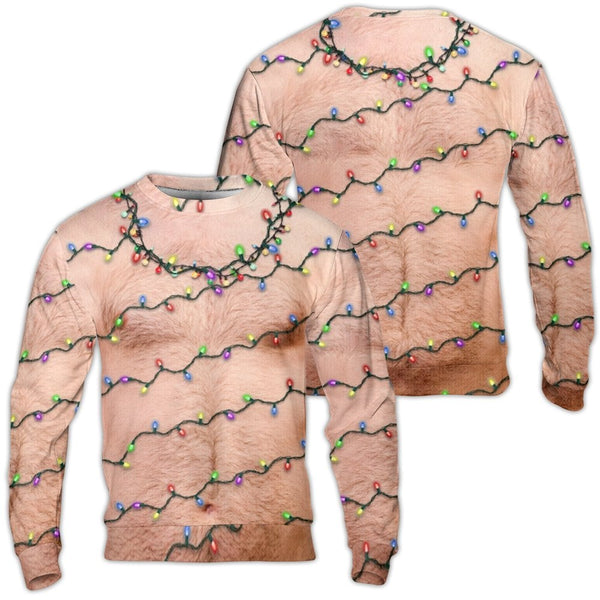 Realistic Fake Body Print Fleece Pullover, Hairy Chest Christmas Lights Ugly Sweater, Humorous Holiday Gag Present Party Swea