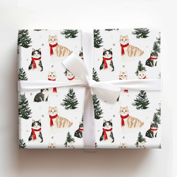 Comfy Winter Scarf Kitten Gift Wrap, Christmas Cat Wrapping Paper, Festive Pine Tree Wrapping Paper, Adorable Holiday Cat Lov