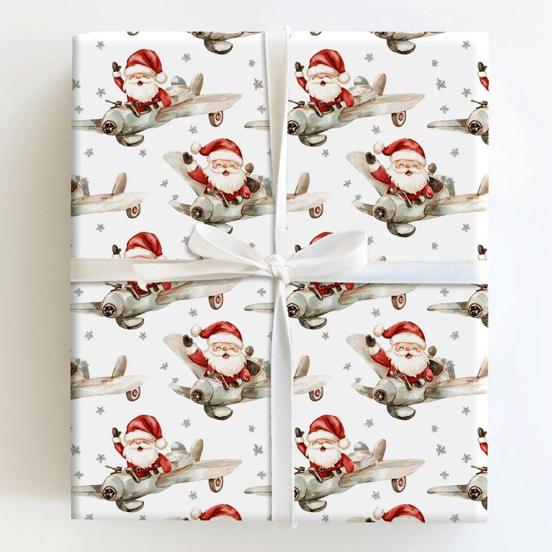 Vintage Flying Santa Gift Wrap, Airplane Santa Wrapping Paper, Watercolor Pilot Santa Christmas Paper, Retro Aviation Gift Wrapping Paper