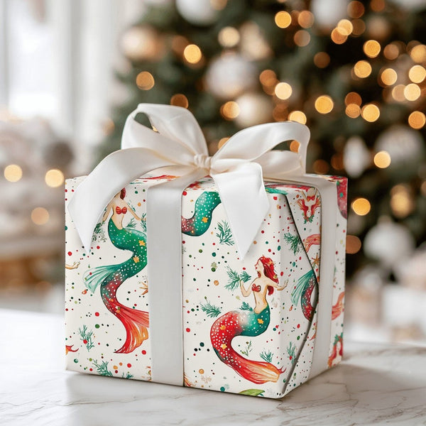 Coastal Holiday Mermaid Gift Wrap, Christmas Mermaid Wrapping Paper, Watercolor Mermaid Present Paper, Nautical Xmas Gift Wra