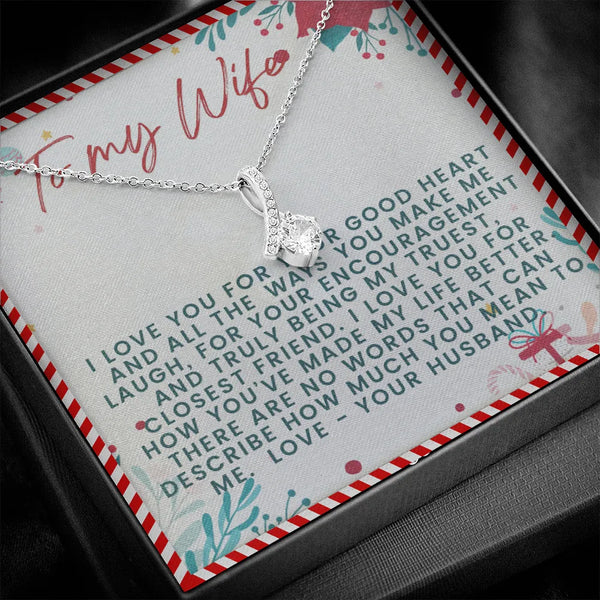 CZ Ribbon Pendant Necklace, To My Wife Ribbon Necklace, 14k White Gold Over Stainless Steel Jewelry, Romantic Christmas Anniv