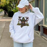 Camo Deer Winter Graphic Sweatshirt, Christmas Deer Hunting Hoodie, Festive Hunter Deer Hoodie, Camouflage Holiday Hoodie, Outdoors Present