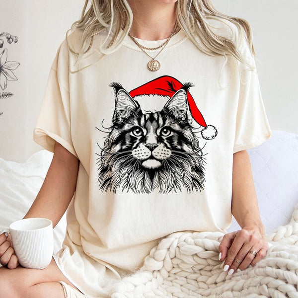 Santa Hat Cat Graphic Tee, Maine Coon Cat Christmas Shirt, Humorous Kitten Holiday T-Shirt, Adorable Pet Lover Xmas Shirt, Ca
