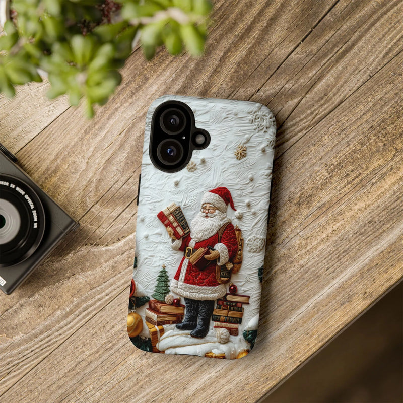 3D Textured Santa with Books Case, Santa Claus Phone Case for iPhone, Bookish Xmas Holiday Phone Cover, Christmas Present for Book Lovers