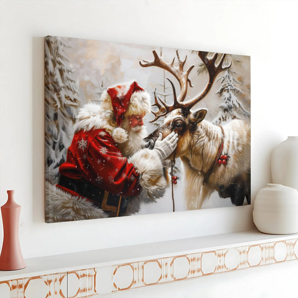 Snowy Winter Forest Canvas Print, Santa Claus and Reindeer Canvas Wall Art, Vintage Holiday Painting, Christmas Wall Decor Pr