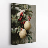 Festive Holly Berry Oil Painting Wall Art, Vintage Christmas Ornament Canvas Print, Holiday Canvas Poster, Winter Home Decor Present