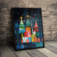 Colorful Holiday Gift Box Canvas Print, Abstract Christmas Tree Canvas Art, Festive Winter Wall Decor, Modern Seasonal Home Decor Present