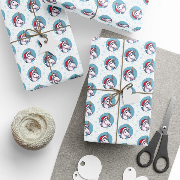Santa Hat Snowflake Holiday Gift Wrap, Christmas Unicorn Wrapping Paper, Adorable Magical Xmas Wrapping Paper Roll, Kids Holi