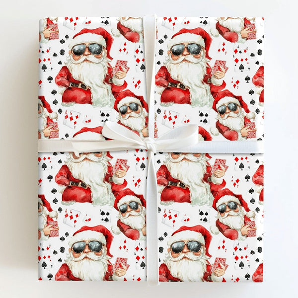 Humorous Christmas Gift Wrap, Cool Santa Poker Wrapping Paper, Sunglasses Santa Present Paper, Gambler Holiday Gift Wrap, Car