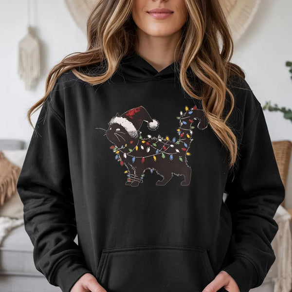 Black Kitty Santa Hat Holiday Hoodie, Cat Christmas Lights Hoodie, Adorable Xmas Cat Lover Hoodie, Festive Winter Hooded Swea