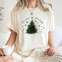 Watercolor Christmas Tree Graphic Tee, All Is Calm All Is Bright Shirt, Minimalist Holiday T-Shirt, Winter Tree Xmas Shirt, Holiday Present Tee