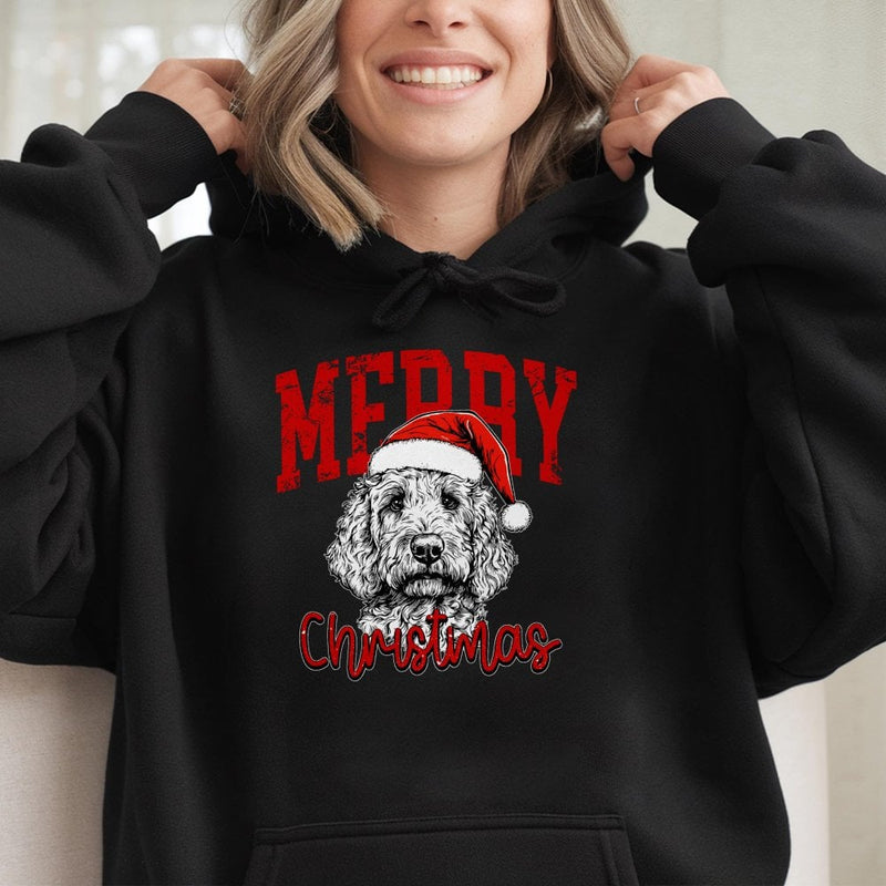 Santa Hat Dog Holiday Hoodie, Labradoodle Merry Christmas Hoodie, Adorable Puppy Christmas Hoodie, Dog Lover Pullover Sweatshirt, Dog Mom Present