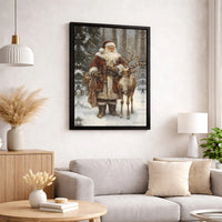 Christmas Forest Wall Art, Vintage Santa Claus Canvas Print, Holiday Santa and Reindeer Canvas Art, Traditional Winter Xmas Wall Decor