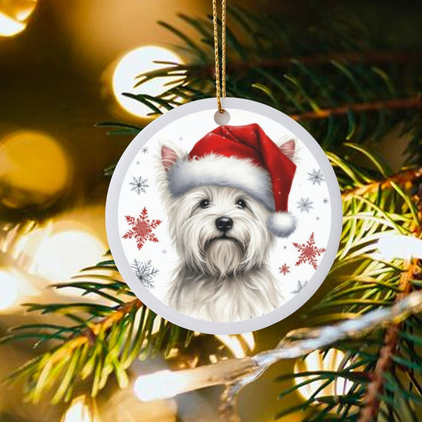 West Highland Terrier Santa Hat Ornament, Westie Christmas Ornament, Adorable Dog Ceramic Tree Ornament, Festive Holiday Deco