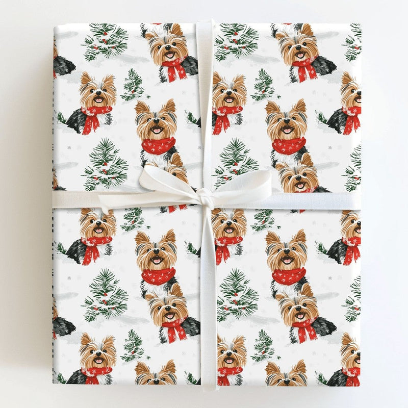 Festive Winter Yorkie Gift Wrap, Yorkshire Terrier Wrapping Paper, Red Scarf Holiday Dog Wrapping Paper, Adorable Puppy Christmas Gift Wrap