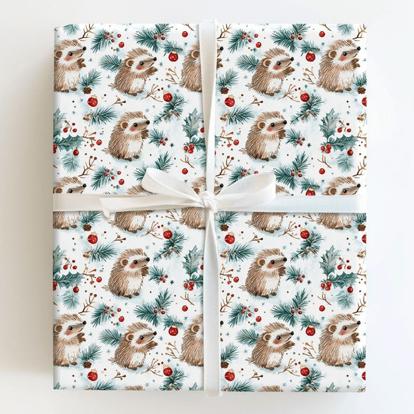 Woodland Holiday Wrapping Paper, Hedgehog Christmas Wrapping Paper, Watercolor Animal Gift Wrap, Winter Pine Festive Wrapping