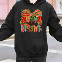 Christmas Bow Graphic Hoodie, Coquette Bow Merry and Bright Hoodie, Girly Pink Winter Aesthetic Sweatshirt, Trendy Holiday Pullover