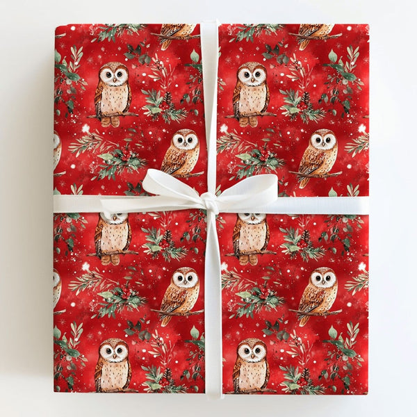 Woodland Bird Gift Wrap, Watercolor Owl Wrapping Paper, Red Christmas Wrapping Paper, Pinecone Gift Wrap, Winter Holiday Wrap
