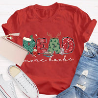 Bookish Holiday Shirt, Read More Books Christmas Teacher T-Shirt, Literary Book Lover Christmas Graphic Tee, Reader Teacher Present