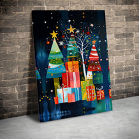 Colorful Holiday Gift Box Canvas Print, Abstract Christmas Tree Canvas Art, Festive Winter Wall Decor, Modern Seasonal Home Decor Present