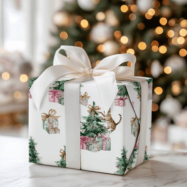 Watercolor Kitten Tree Gift Wrap, Tabby Cat Christmas Wrapping Paper, Humorous Cat Lover Holiday Wrapping Paper, Xmas Gift Wr