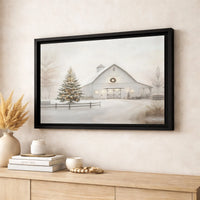 Snowy Red Barn and Christmas Tree Wall Art, Winter Farmhouse Canvas Print, Rustic Winter Holiday Canvas Decor, Comfy Xmas Season Present