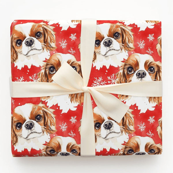 Festive Watercolor Dog Holiday Gift Wrap, Cavalier King Charles Spaniel Christmas Wrapping Paper, Winter Snowflake Puppy Pres