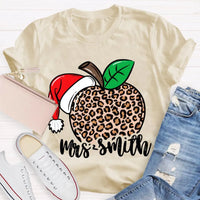 Custom Name Christmas T-Shirt, Personalized Leopard Santa Hat Shirt, Festive Holiday Graphic Tee, Comfy Xmas Present for Her, Adorable Top