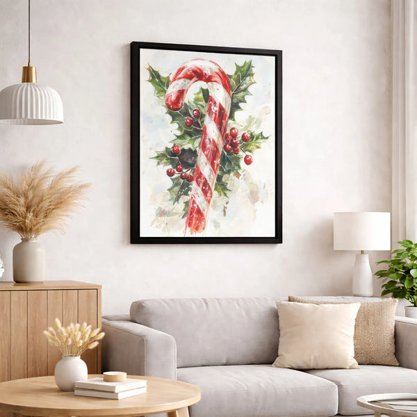 Festive Holly Berries Canvas Print, Watercolor Candy Cane Canvas Art, Christmas Holiday Wall Art Canvas, Winter Home Decor, X