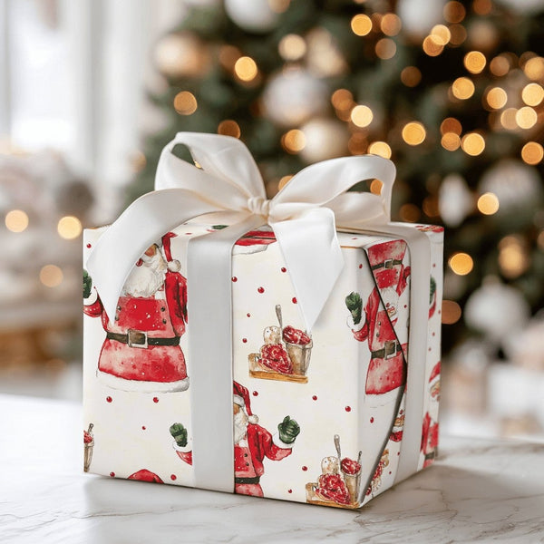 Ice Cream Santa Claus Gift Wrap, Dancing Santa Wrapping Paper, Polka Dot Holiday Wrapping Paper, Sweet Christmas Gift Wrappin