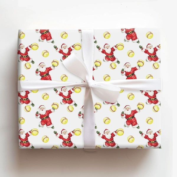 Sports Santa Holiday Gift Wrap Roll, Pitching Santa Softball Christmas Wrapping Paper, Fastpitch Present Paper, Athlete Gift 