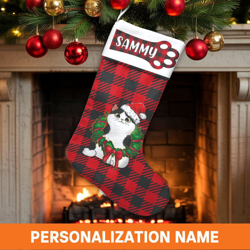 Custom Name Pet Holiday Stocking, Personalized Buffalo Plaid Cat Christmas Stocking, Red Plaid Christmas Stocking, Velboa Cat Xmas Stocking