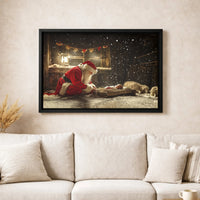 Christian Nativity Scene Canvas Print, Santa Kneeling at Manger Canvas Art, Religious Christmas Canvas Decor, Vintage Holiday Wall Art Present