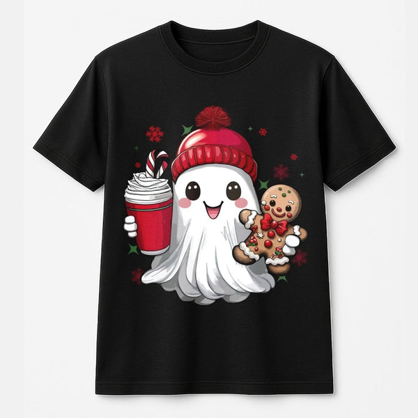 Gingerbread Man Holiday Tee, Adorable Christmas Ghost T-Shirt, Spooky Xmas Graphic Shirt, Retro Winter Holiday T-Shirt, Festi