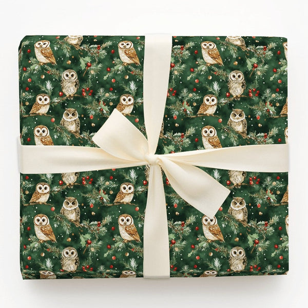 Woodland Nature Bird Gift Wrap, Watercolor Owl Christmas Wrapping Paper, Pine and Berry Holiday Paper, Forest Animal Present 
